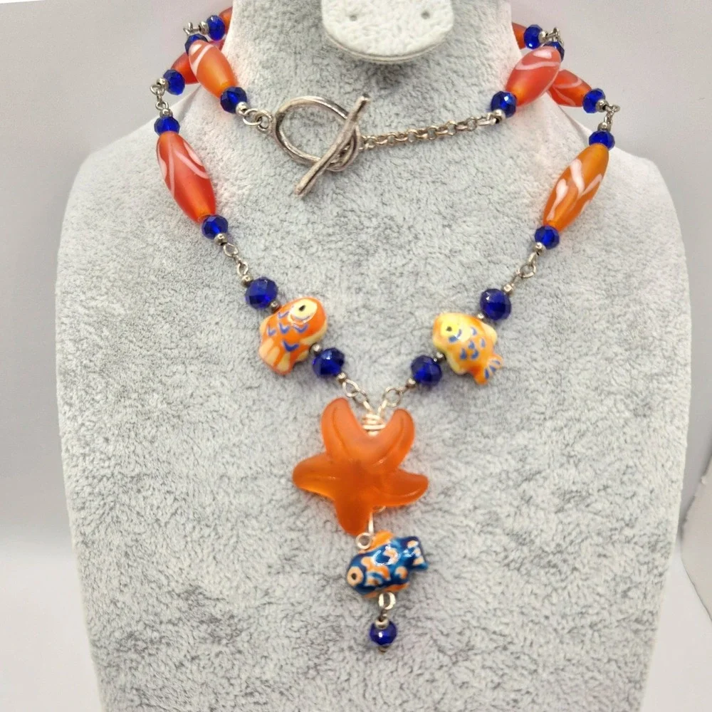 Boho Murano Glass Starfish Porcelain Fish Station Necklace Artisan Beachy Summer